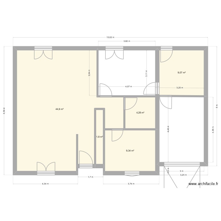 RDC FLo. Plan de 5 pièces et 69 m2