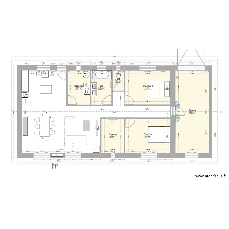 Projet maison plain pied TOITURE. Plan de 7 pièces et 65 m2