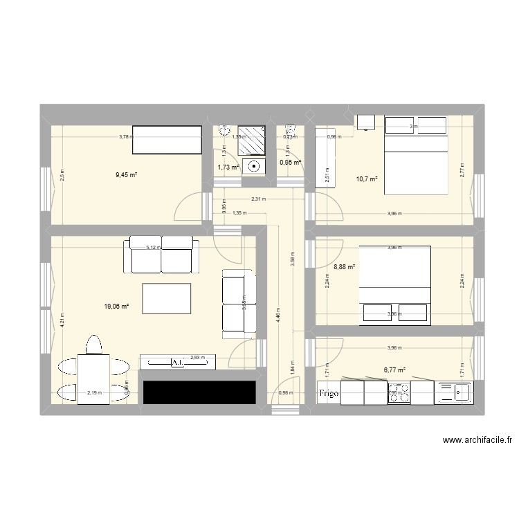 Appartement L&W meublé. Plan de 10 pièces et 66 m2