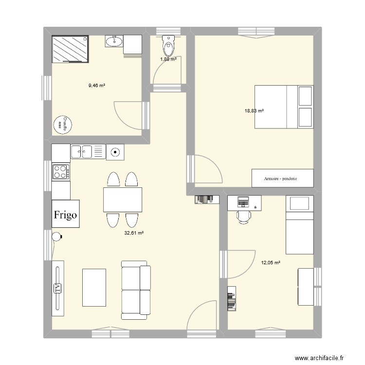 Cath. Plan de 5 pièces et 75 m2