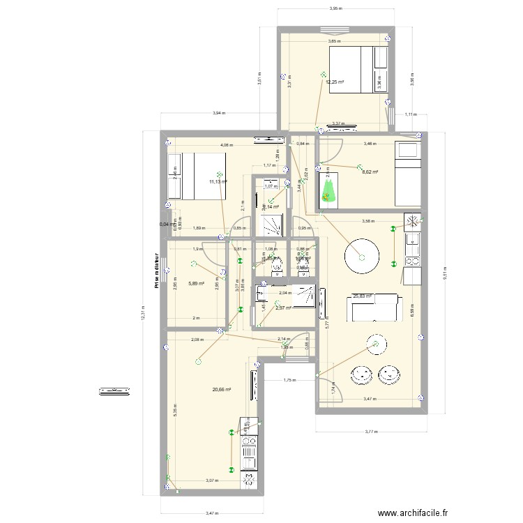 Etage2 projet 3 - prises. Plan de 11 pièces et 92 m2