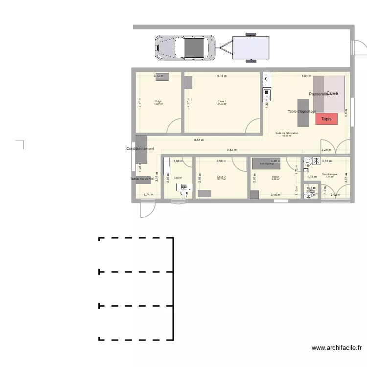 Fromagerie. Plan de 8  et 119 m²