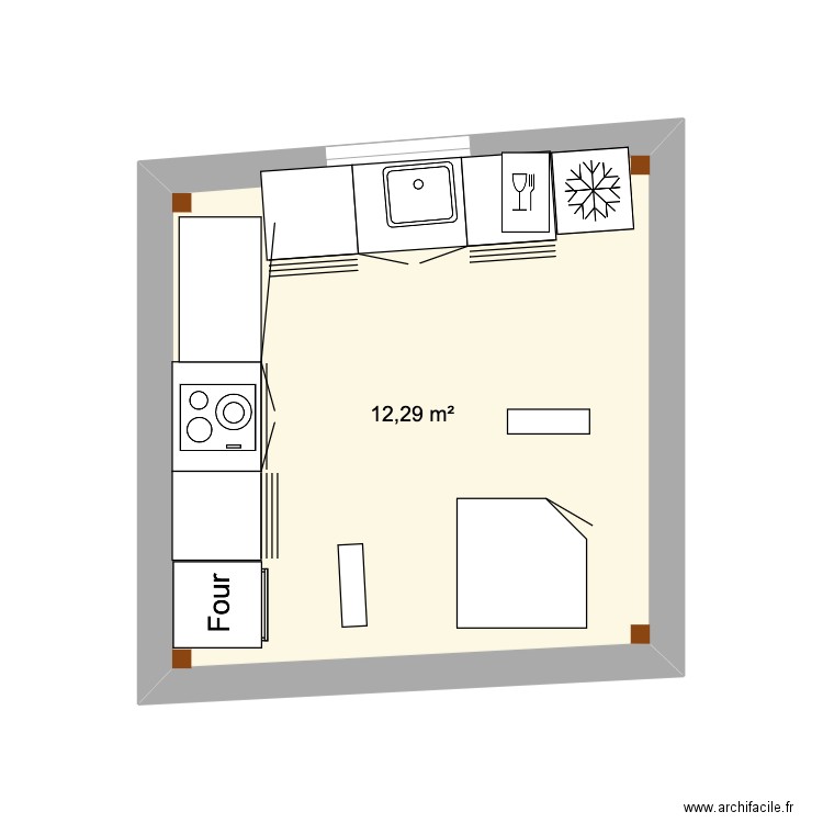 Cuisine V2. Plan de 1 pièce et 12 m2