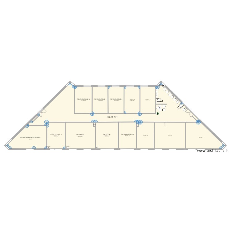 Jouy RDC 361 Surfaces et attributions avec salle de groupe et 2 salle d'attente. Plan de 15 pièces et 329 m2