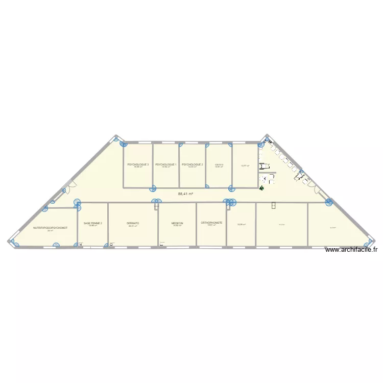 Jouy RDC 361 Surfaces et attributions avec salle de groupe et 2 salle d'attente. Plan de 
