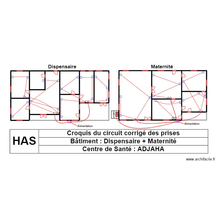 CROQUIS CIRCUIT CORRIGE  DES PRISES DISPENSAIRE MATERNITE CS ADJAHA. Plan de 16 pièces et 89 m2