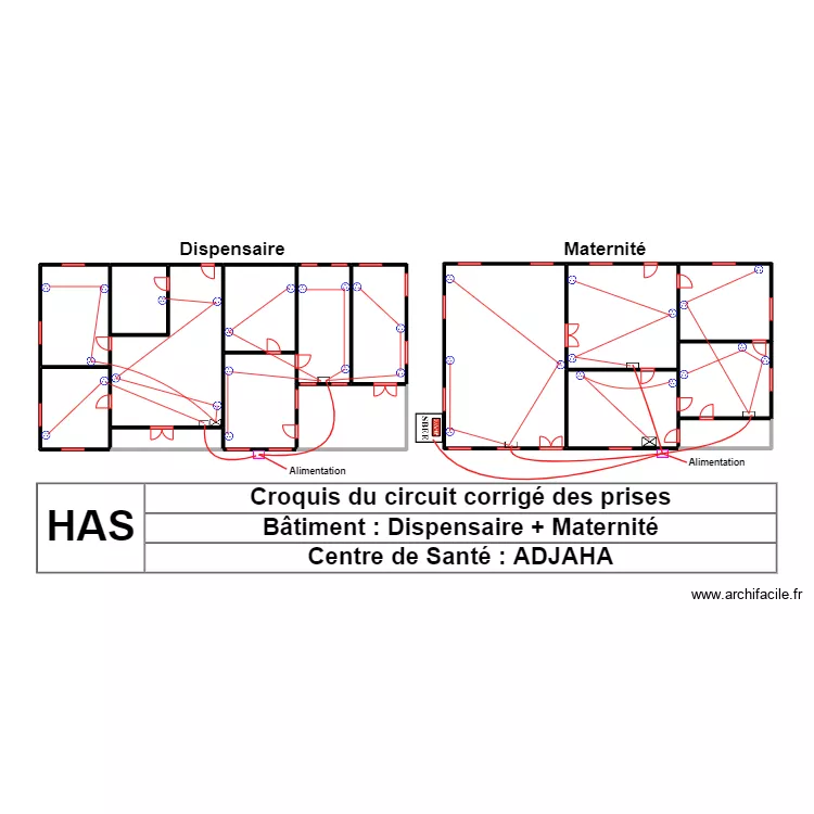 CROQUIS CIRCUIT CORRIGE  DES PRISES DISPENSAIRE MATERNITE CS ADJAHA. Plan de 