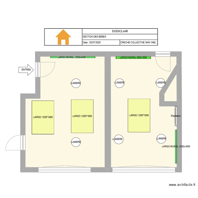 CRECHE COLLECTIVE GAN YAEL SECTION DES BEBES. Plan de 3 pièces et 44 m2