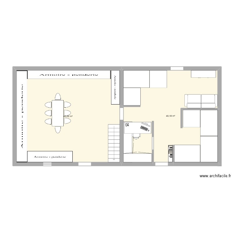 Travail salle Jeux. Plan de 2 pièces et 85 m2
