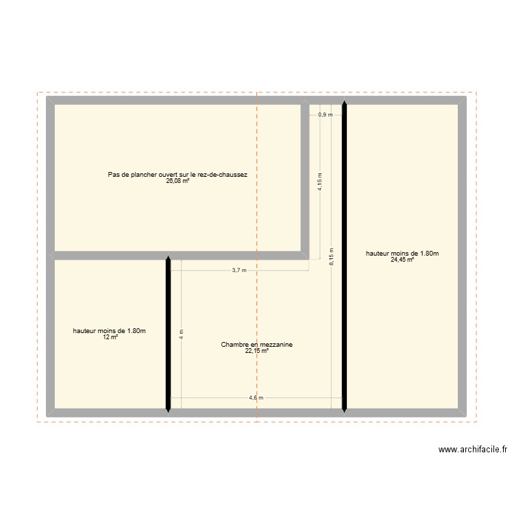 1er étages en mezzanine sous comble. Plan de 4 pièces et 85 m2