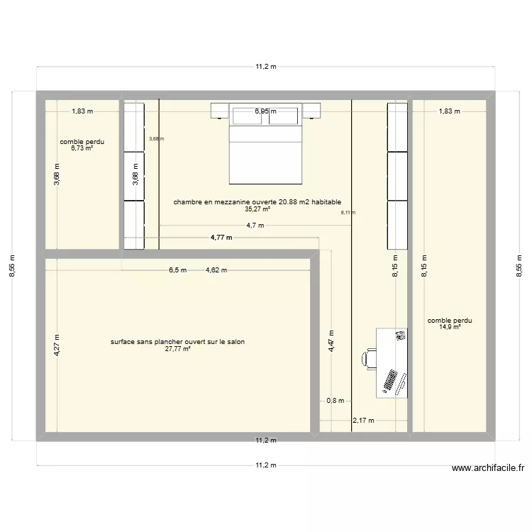 1er &eacute;tages en mezzanine sous comble. Plan de 