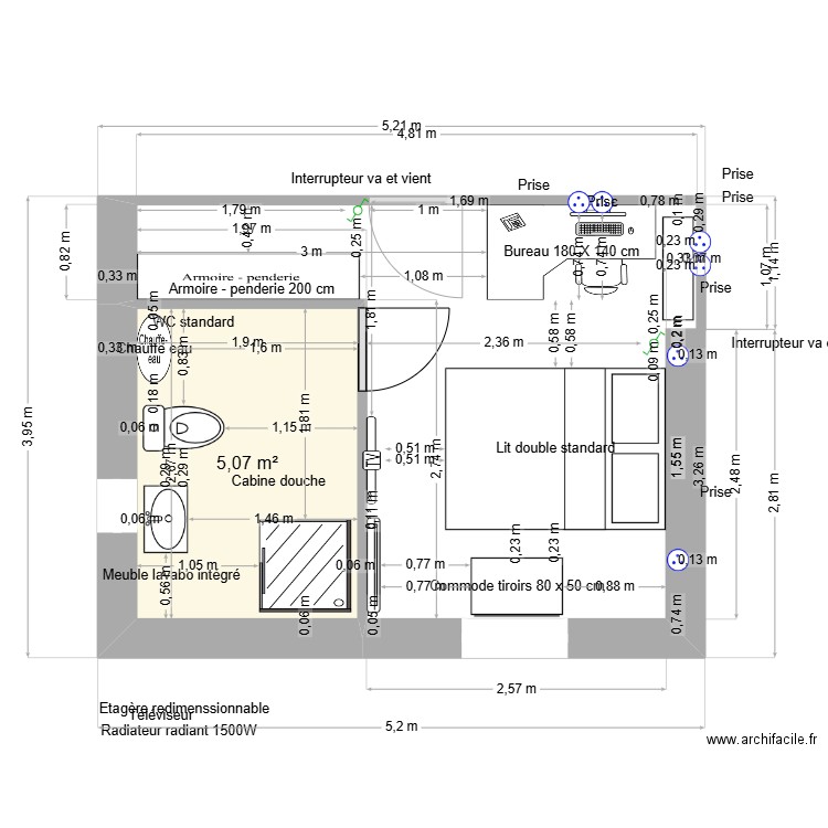 chambre bureau meubles. Plan de 1 pièce et 5 m2
