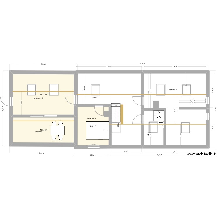 étage après. Plan de 3 pièces et 42 m2