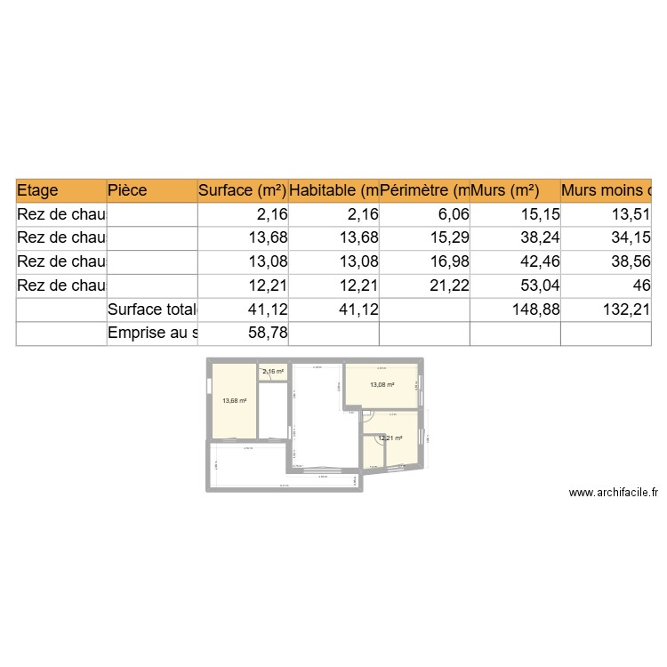 picotiere. Plan de 4 pièces et 41 m2