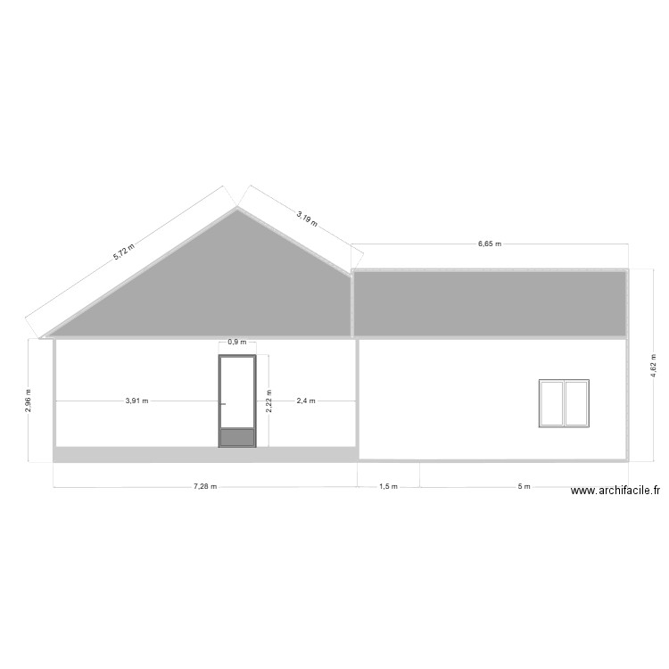 Plan facade Est toit ardoise garage 30m². Plan de 5 pièces et 63 m2
