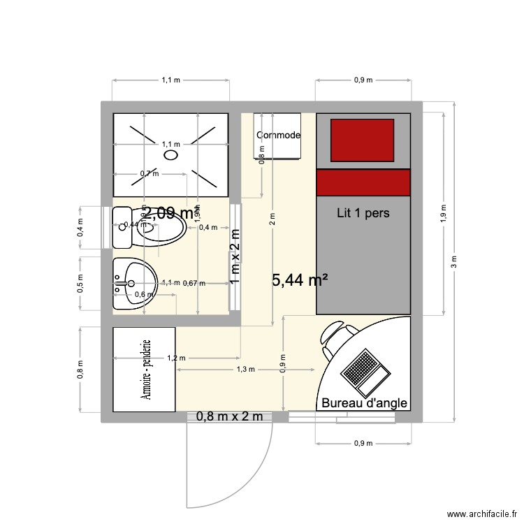 CHAMBRE ALGECO 3m3m. Plan de 2 pièces et 8 m2