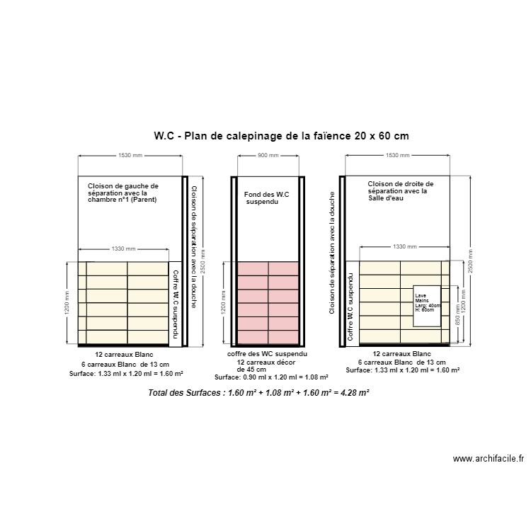 Plan calepinage faïence 20x60 sur les cloisons des WC. Plan de 0 pièce et 0 m2