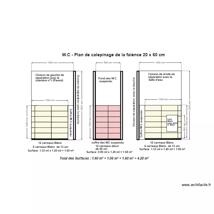 Plan calepinage fa&iuml;ence 20x60 sur les cloisons des WC. Plan de 