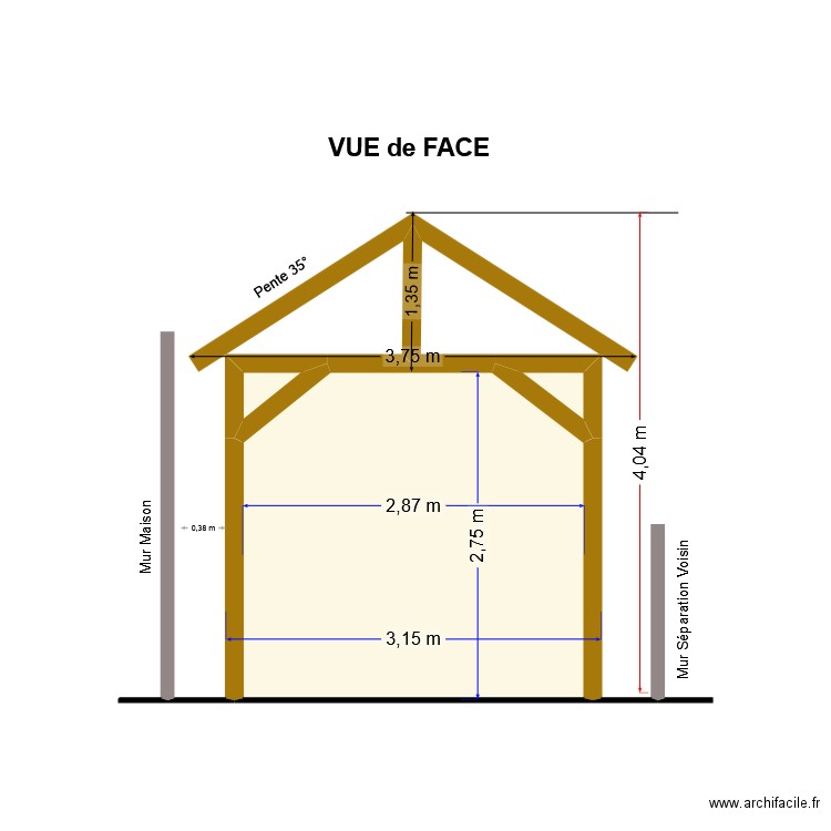Carport vue de face. Plan de 3 pièces et 8 m2