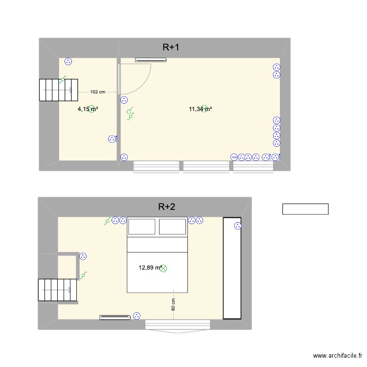 niveau 2 et niveau 3. Plan de 3 pièces et 28 m2