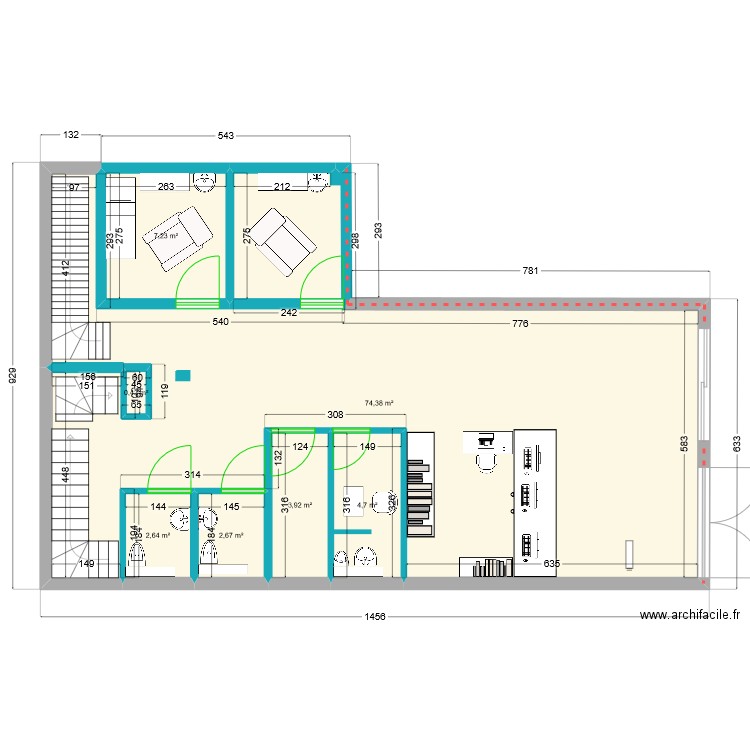 labo modifié. Plan de 7 pièces et 96 m2