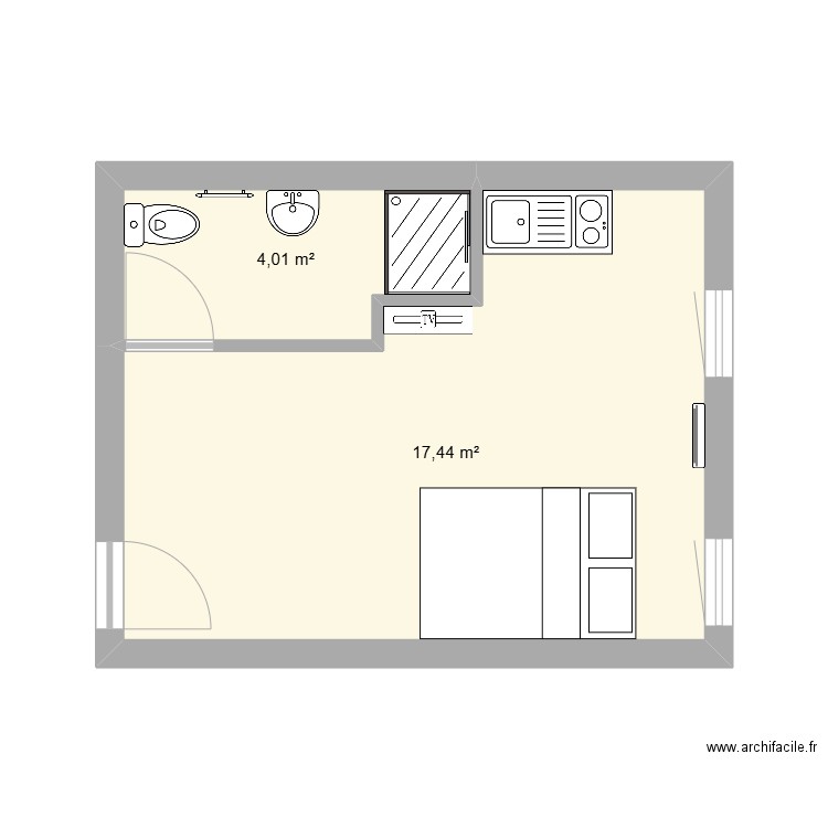 piece. Plan de 2 pièces et 21 m2