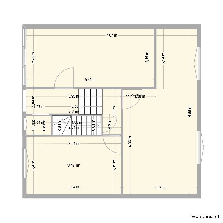 Rez de chaussee. Plan de 3 pièces et 47 m2