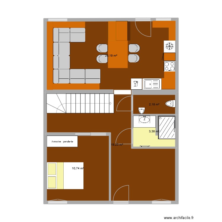 Rez de chaussé. Plan de 5 pièces et 58 m2