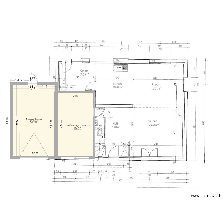 rdc avec extension. Plan de 2 pièces et 38 m2