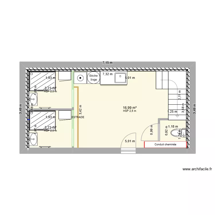 SDB planch&eacute;. Plan de 4  et 25 m²