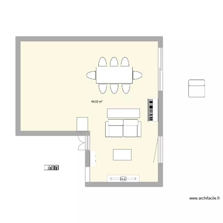 piece de vie. Plan de 1  et 49 m²