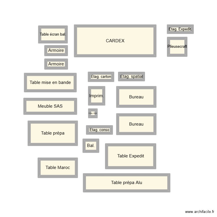 Mobilier logistique. Plan de 20 pièces et 15 m2
