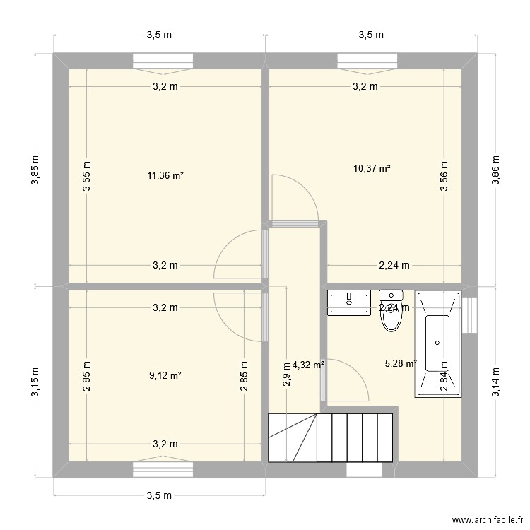 Etage. Plan de 5 pièces et 40 m2