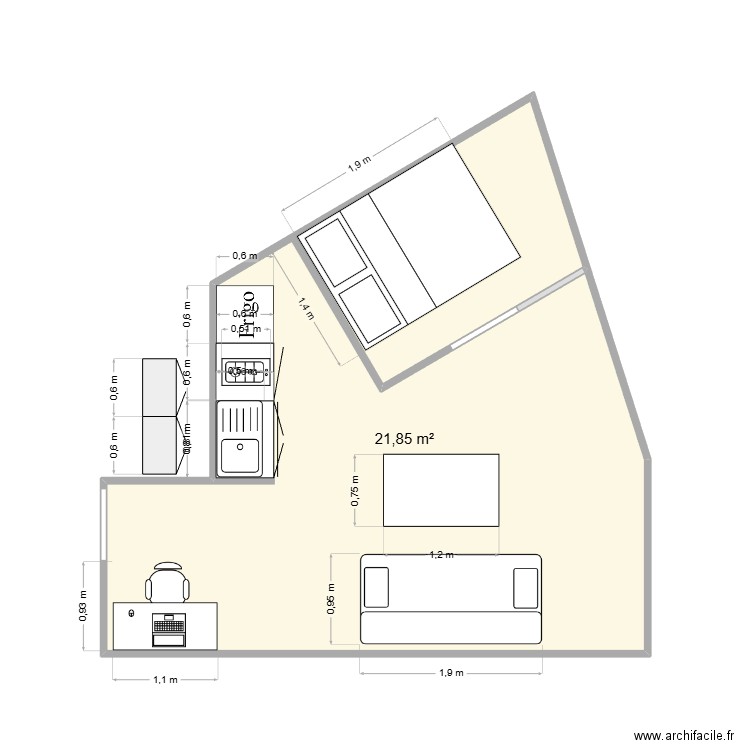 clairevannes. Plan de 1 pièce et 22 m2