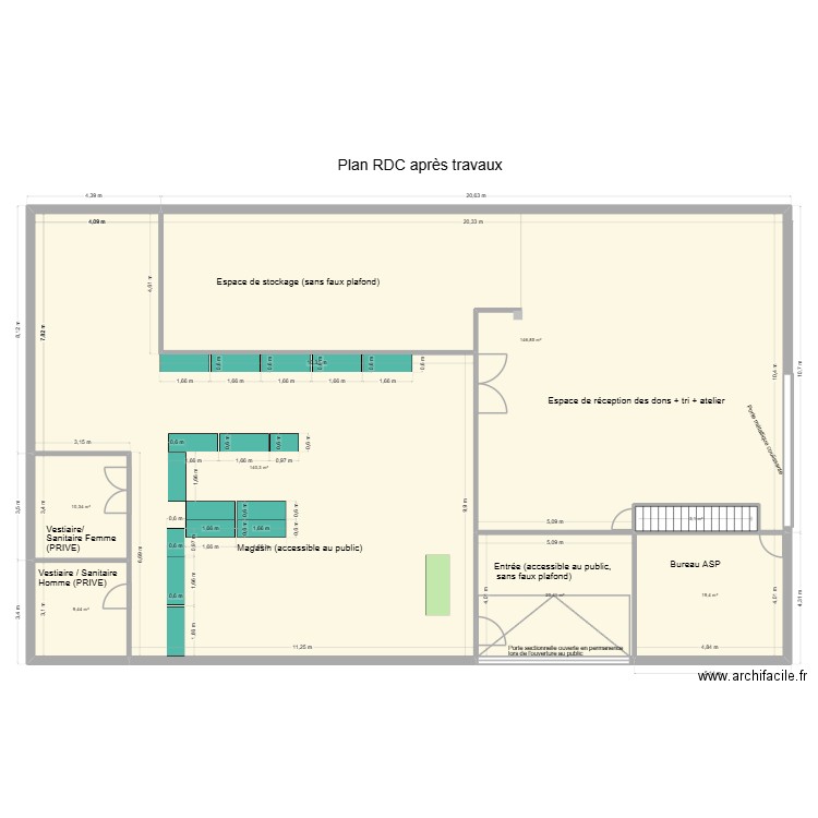 RDC après  travaux avec etageres. Plan de 7 pièces et 350 m2