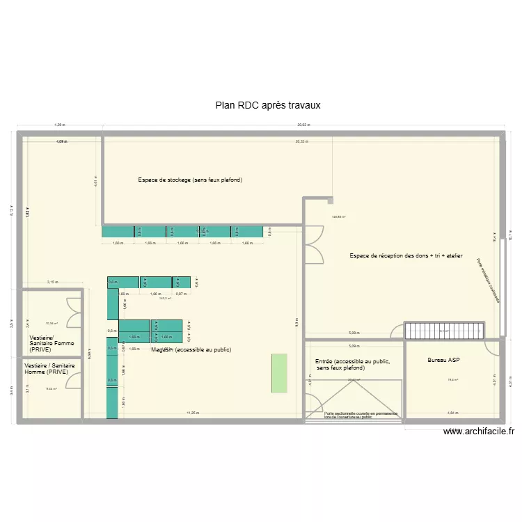 RDC apr&egrave;s  travaux avec etageres. Plan de 