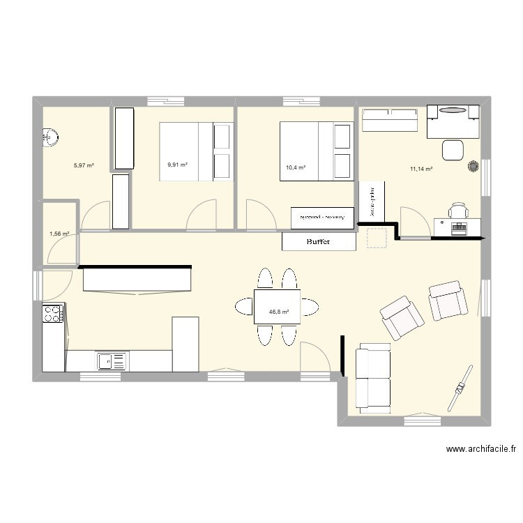Maison mamie. Plan de 6 pièces et 86 m2