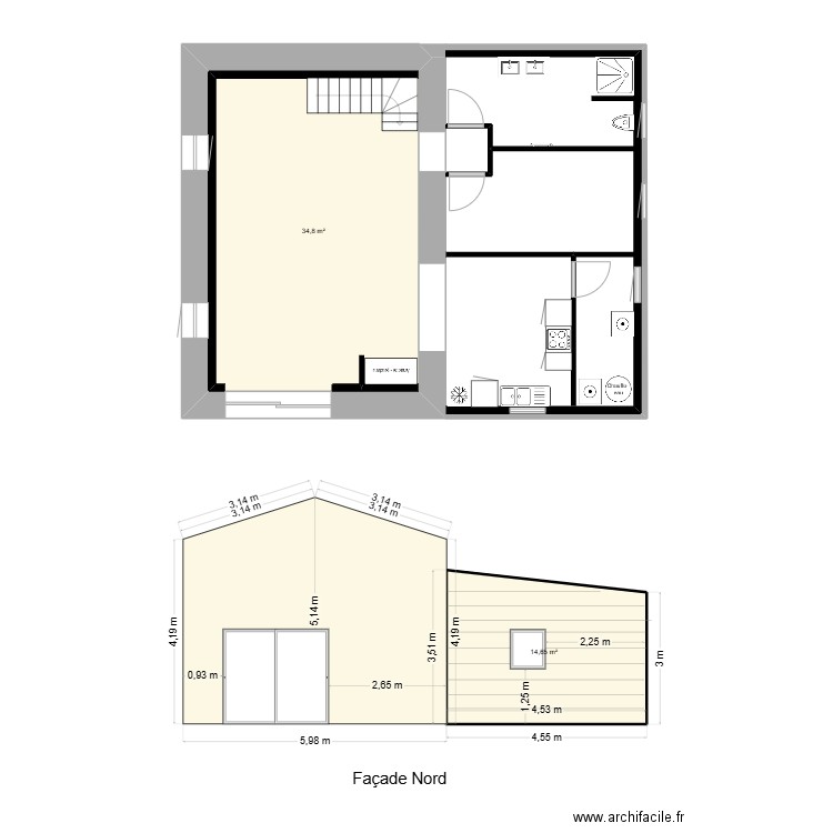façade nord  log 2. Plan de 5 pièces et 102 m2