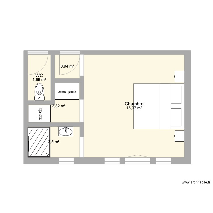 Chambre - v2. Plan de 5 pièces et 23 m2