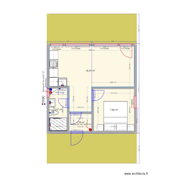  36 Пушкино ГХВС. Plan de 6 pièces et 52 m2
