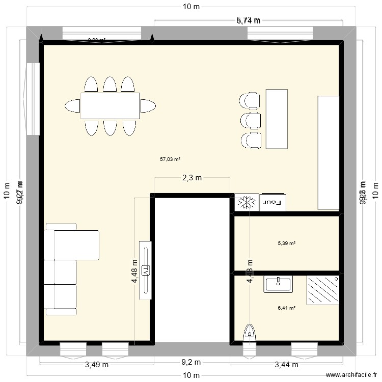 RDC. Plan de 4 pièces et 69 m2