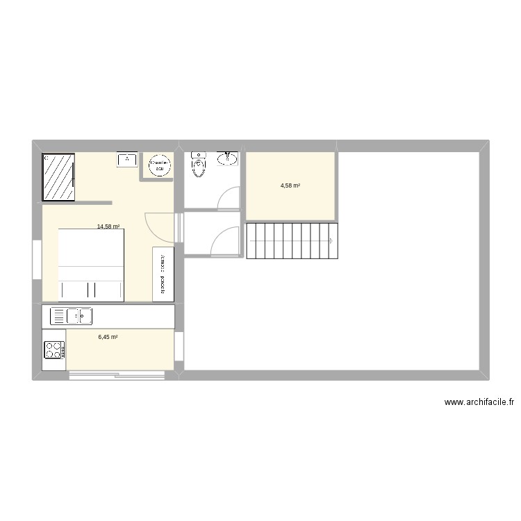 chambre versols. Plan de 3 pièces et 26 m2