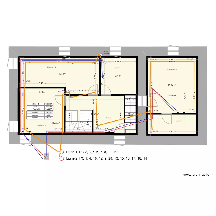 &eacute;tage radiateurs. Plan de 7  et 87 m²