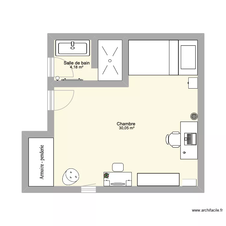 Chambre + salle de bain. Plan de 2  et 34 m²