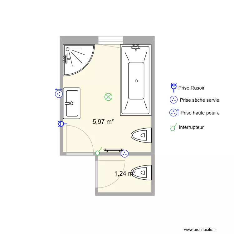 orliaguet, douche 1/4 rond et baignoire 170x70. Plan de 