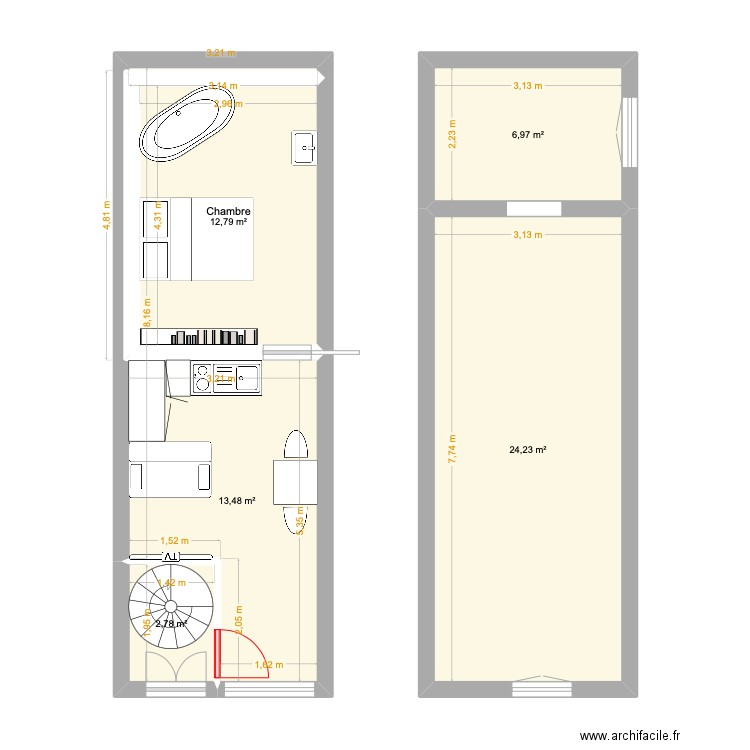 immeuble Gaillac. version 2 logements. Plan de 5 pièces et 60 m2