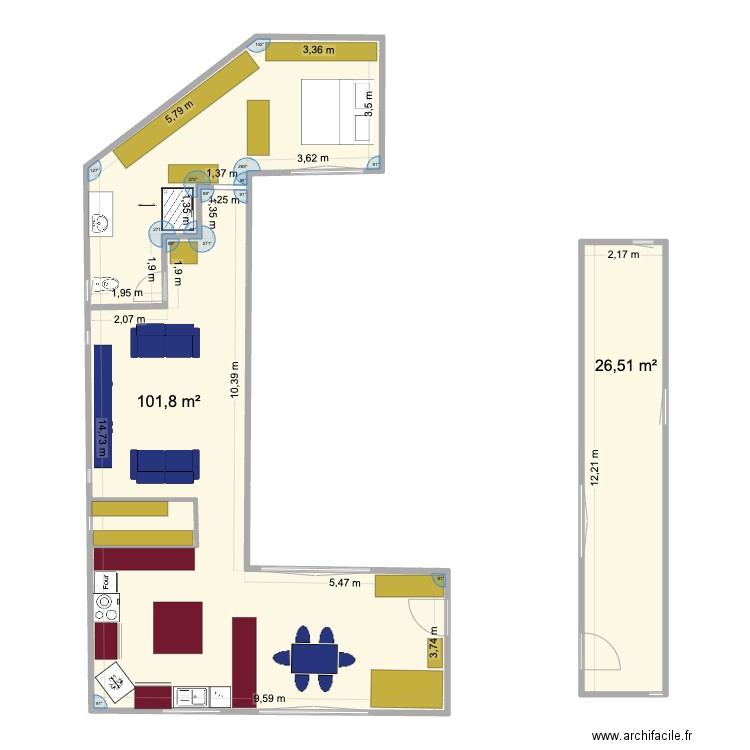 POULETOS. Plan de 2 pièces et 128 m2