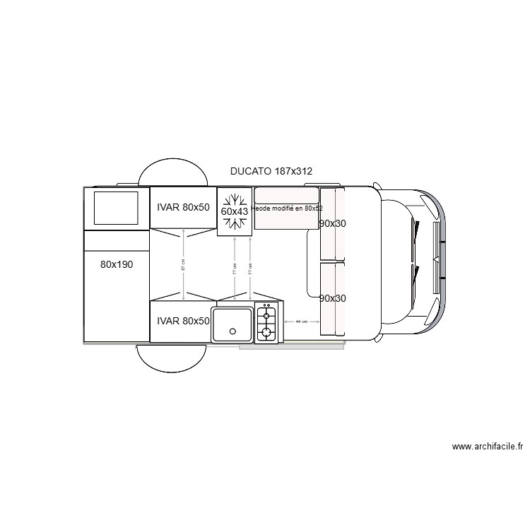 VAN cuisine couloir. Plan de 1 pièce et 6 m2