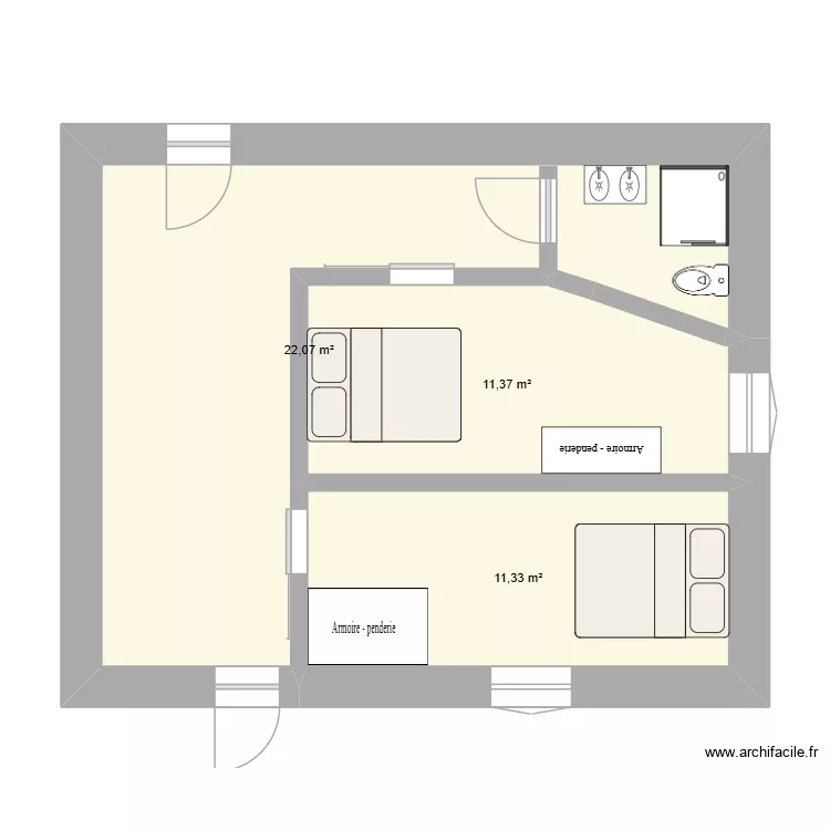 xocin. Plan de 3 Pièces et 45 m²