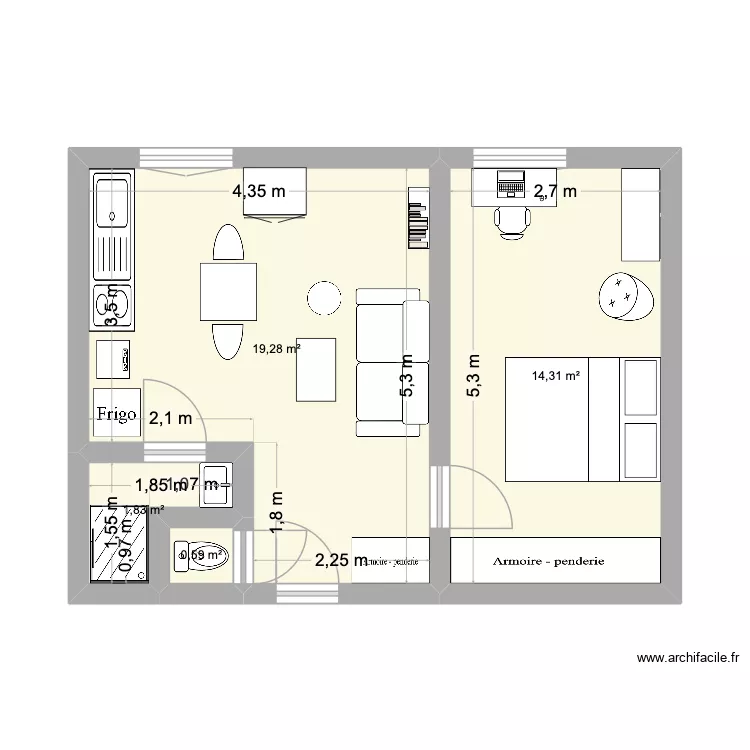 T2 Alcôve prolongée. Plan de 4 et 36 m² T2 Alcôve prolongée. Plan de 4 et 36 m²